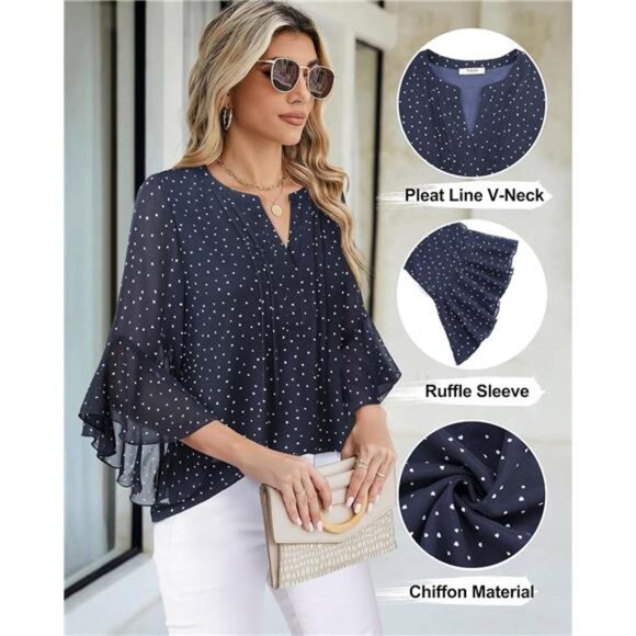 Elegant 3/4 Sleeve Chiffon Blouse – Ruffle Detail Dressy Top for Work - Picture 4 of 5